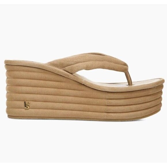 Veronica Beard Womens Size 8.5 Geno Cork Wedge Slide Sandals Tan Suede Thong - Picture 1 of 12